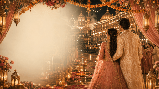 Luxury Diwali wedding-style celebration with warm lights and festive guests